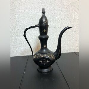 Vintage Metal  H H India  Brass Etched Teapot Engraved Flowers